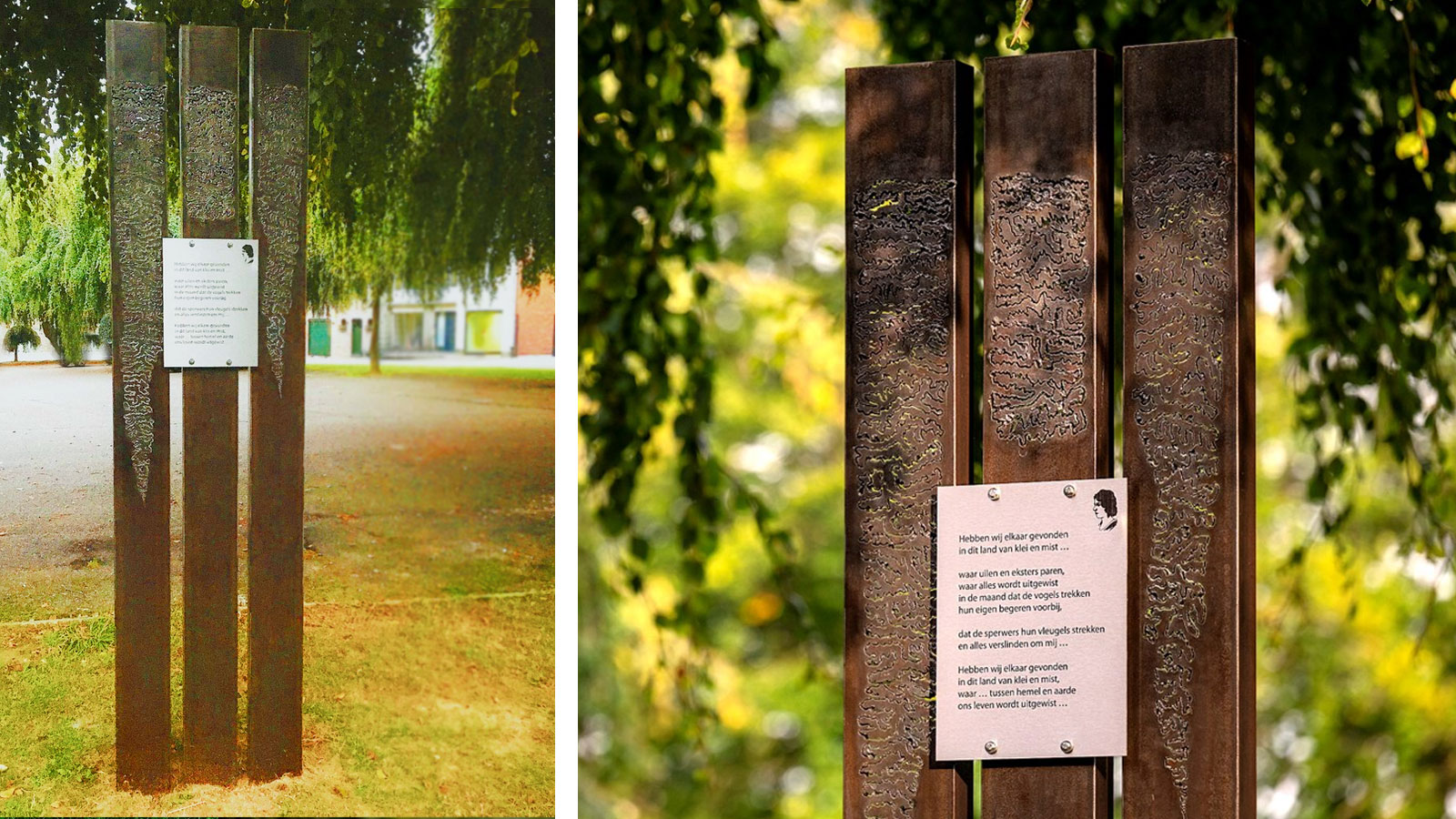 Wilfried Roosen, Kunstschmied. Drei Säulen aus Stahl mit Kriselornamenten.  Gedicht Julia Tulkens - Die Vergänglichkeit 